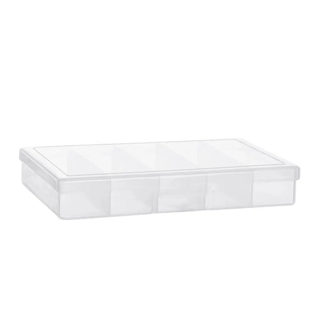 Clear plastic storage box on a white background