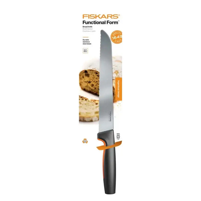 Fiskars bread knife with packaging on a white background