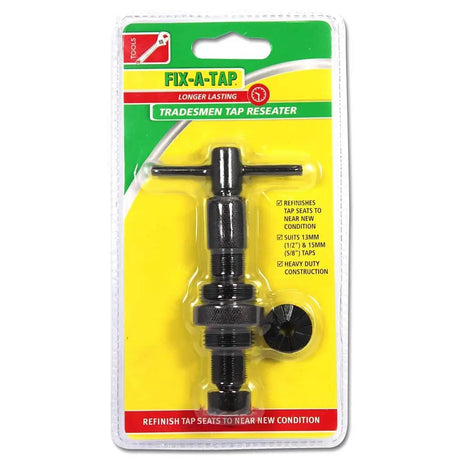 Tools Fix-A-Tap Tradesmen Tap Reoperator in its original blister card packaging, featuring a black metal tap reoperator tool and a black cap on a bright yellow and green backing card.