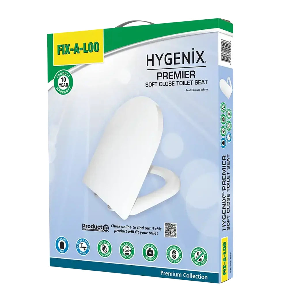 Fix A Loo Hygenix Premier Soft Close D Shape Toilet Seat Top & Bottom Fixing 245496
