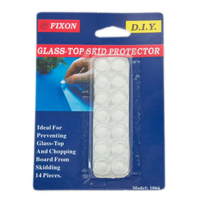 Fixin Glass-Top Skid Protector packaging with 14 pieces on a blue background
