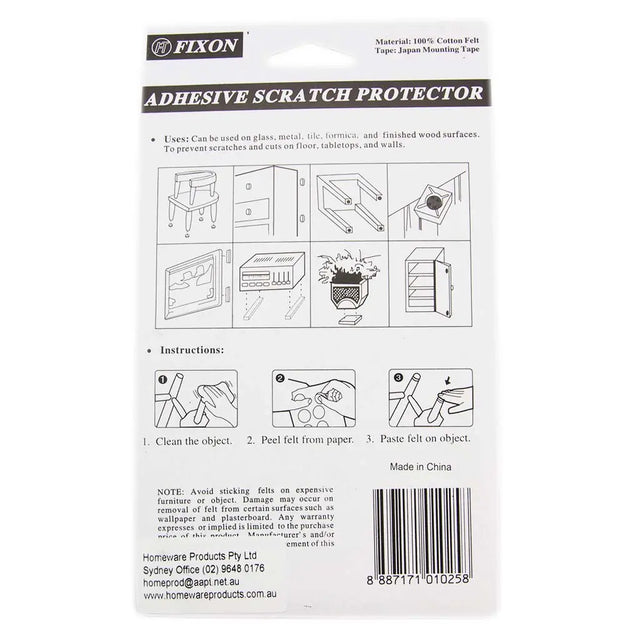 Back of adhesive scratch protector packaging with instructions and Fixon branding.