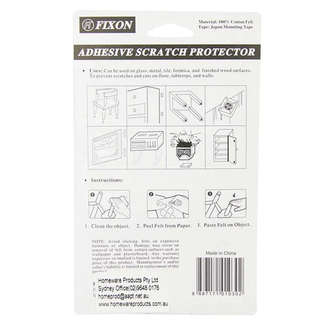Fixon heavy-duty scratch protector packaging with instructions and illustrations on a white background