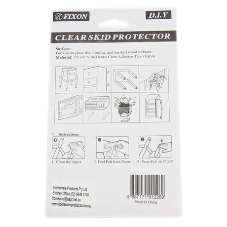 Package of Fixon Clear Skid Protector with instructions and branding details.