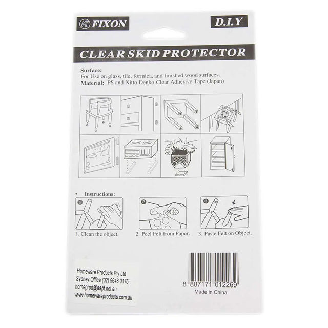 Package of Fixon Clear Skid Protector with instructions and branding details.