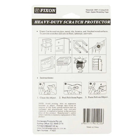 Fixon heavy-duty scratch protector packaging with instructions and illustrations on a white background