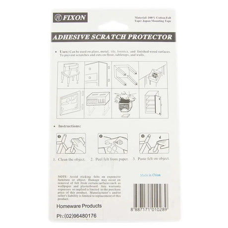 Back of adhesive scratch protector packaging with FIXON branding and usage instructions.
