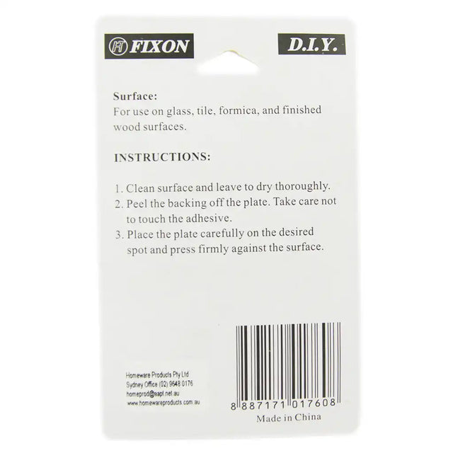 Fixon DIY adhesive label with instructions and contact information on a white background
