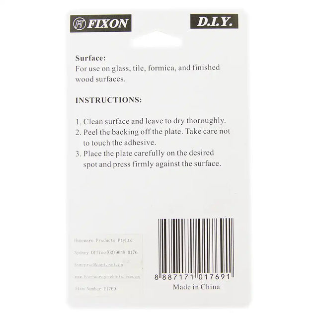 Back of a Fixon adhesive plate packaging with instructions and branding.