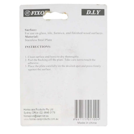 Back of a Fixo adhesive plate packaging with instructions and branding.