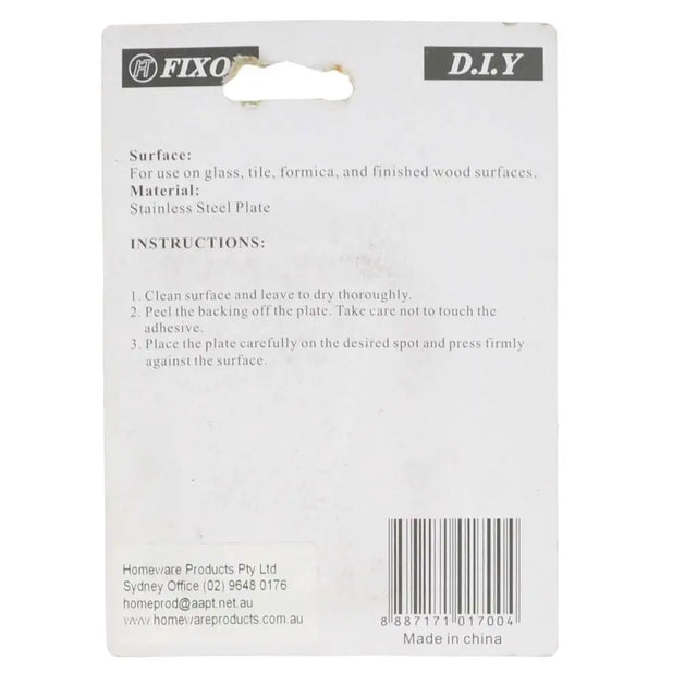 Back of a Fixo adhesive plate packaging with instructions and branding.