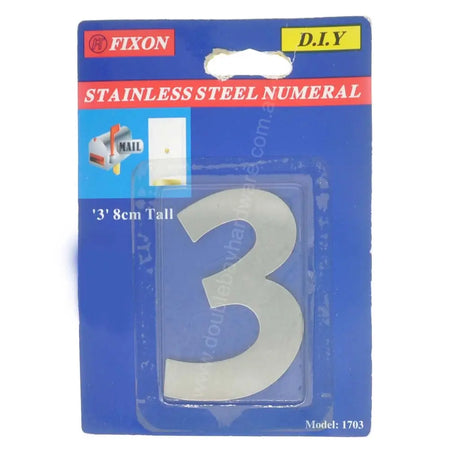Packaged stainless steel numeral '3' with Fixon branding on a blue background