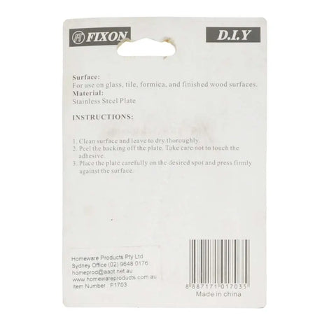Back of a Fixon product packaging with instructions and branding.