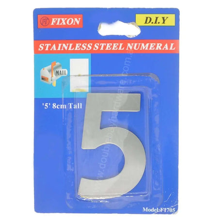 Stainless steel numeral '5' in packaging with Fixon branding