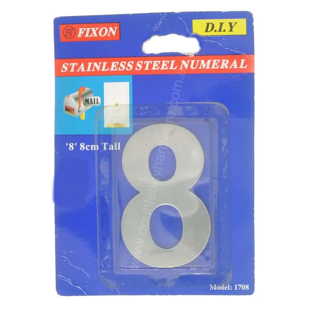 Packaged stainless steel numeral '8' with Fixon branding on a blue background