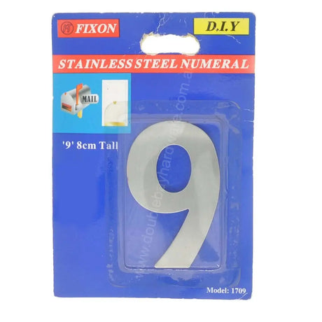 Packaged stainless steel numeral '9' with Fixon branding on a blue background