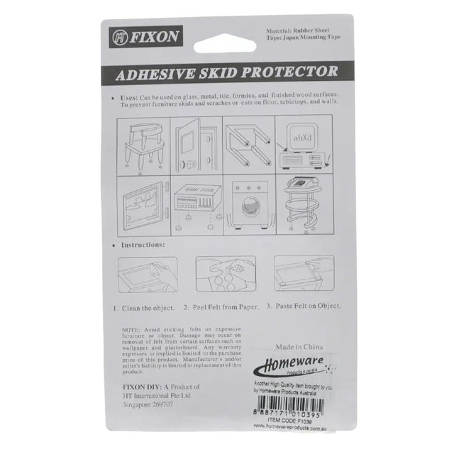 Fixin Adhesive Skid Protector packaging with instructions and illustrations on a white background