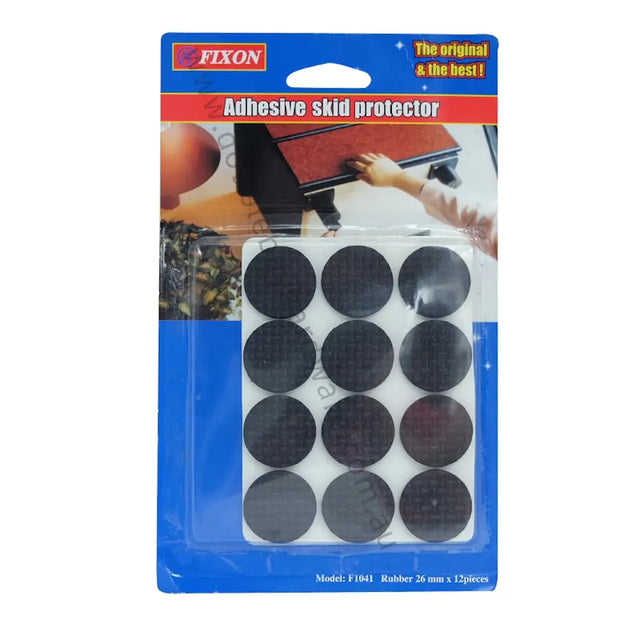 Fixin adhesive skid protector packaging with black circular pads on a white background