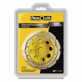 A 125 mm Flexovit Diamond Cup Grinder Double Row, shown inside its original retail blister packaging. The product features a bright yellow central wheel with gray abrasive segments.