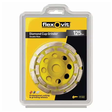 A 125 mm Flexovit Diamond Cup Grinder Double Row, shown inside its original retail blister packaging. The product features a bright yellow central wheel with gray abrasive segments.