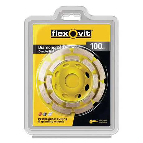 A 100mm Flexovit Diamond Cone Grinder Double Flow double-sided diamond cutting wheel in its original retail blister packaging, featuring a yellow and black design with the Flexovit brand logo.