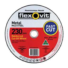 A Flexovit 230mm metal mild steel reinforced cut-off wheel, classified as Product/Packaging. The circular disc features a white outer rim, a red center label, and a blue 'FAST CUT' badge.