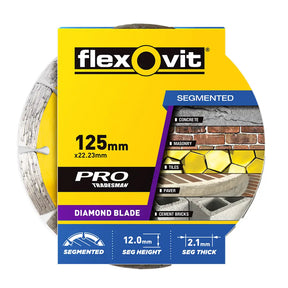 A spool of Flexovit Pro Tradesman segmented diamond blade concrete and masonry saw blade, 125mm (22.23 inches) in length.