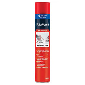 Red can of FulaFoam expanding foam with blue label on a white background