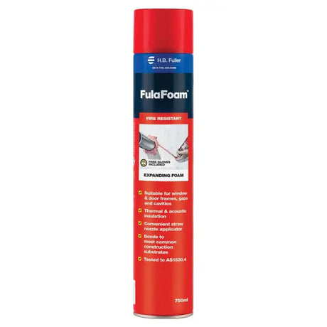 Red can of FulaFoam expanding foam with blue label on a white background