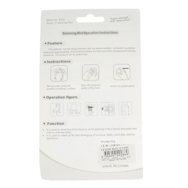 Back of a packaging for a trimming mat with operation instructions and product details.
