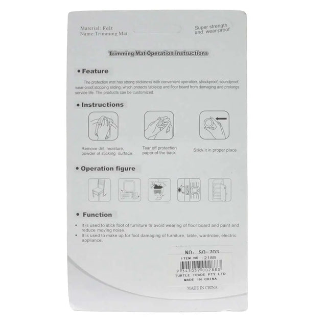 Back of a trimming mat with operation instructions and features on a white background