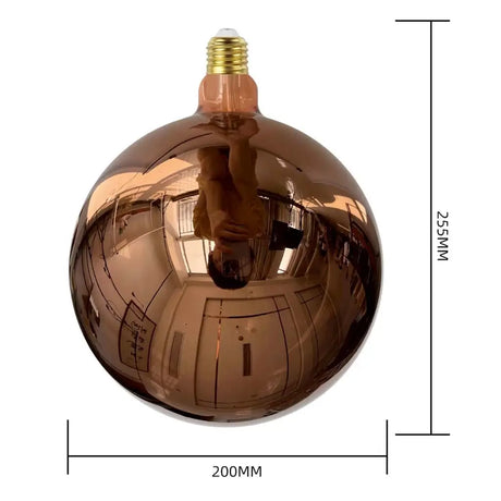 Copper-colored light bulb with dimensions on a white background