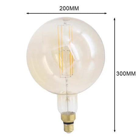 Vintage-style light bulb with dimensions indicated on a white background