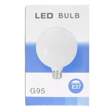 LED bulb packaging with G95 and E27 specifications on a white background