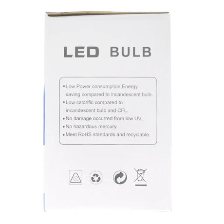 LED bulb packaging with text on a white background