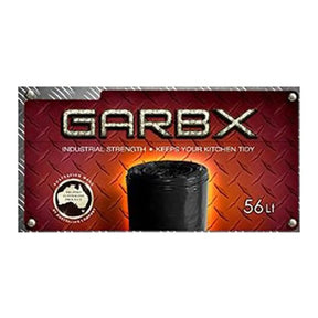 Garbage bag packaging with 'GARBX' branding on a red and orange checkered background.