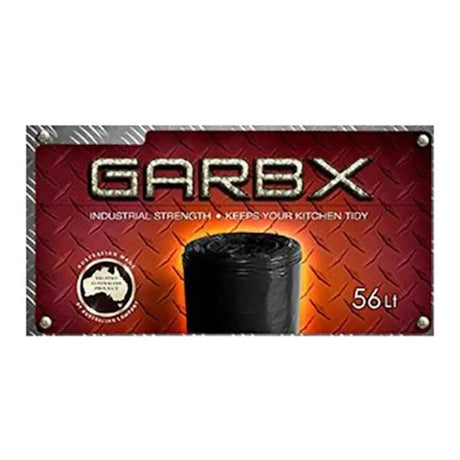 Garbage bag packaging with 'GARBX' branding on a red and orange checkered background.