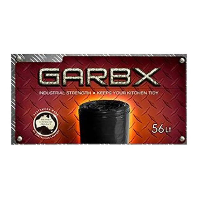 Garbage bag packaging with 'GARBX' branding on a red and orange checkered background.