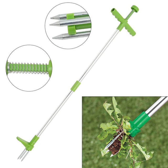 Gardening tool with green handles and silver prongs on a white background