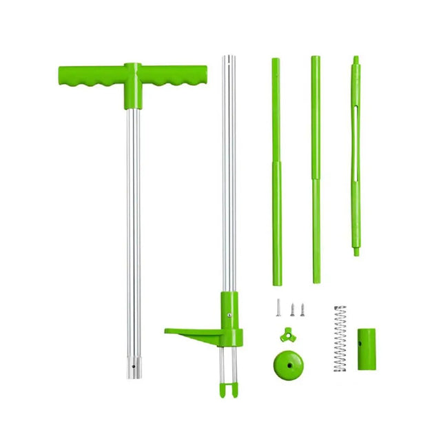 Green and silver weed puller tool set on a white background