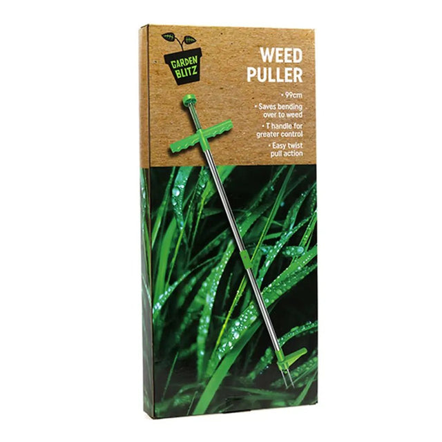 Box of a weed puller with grass background and 'Garden Blitz' branding.
