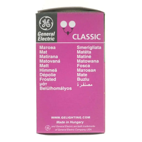 General Electric lighting box with pink label and white text on a white background