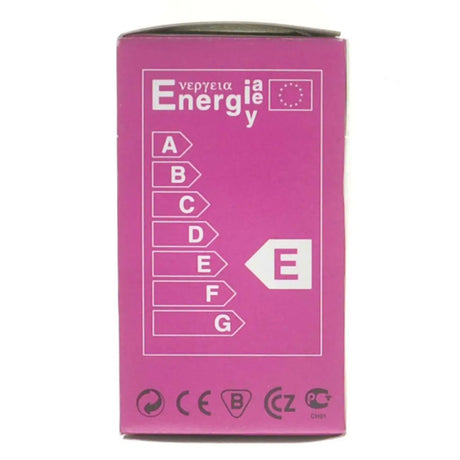 Pink box with energy efficiency rating labels on a white background