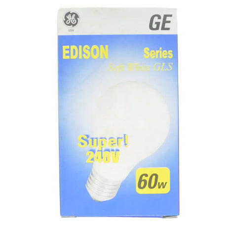 GE Edison Series soft white GLS light bulb packaging on a white background