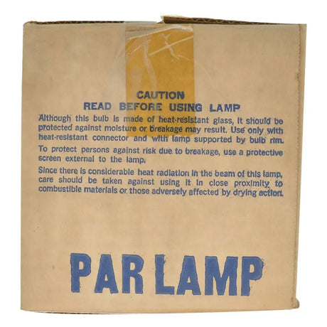 Cardboard box with 'PAR LAMP' text and safety instructions on a white background