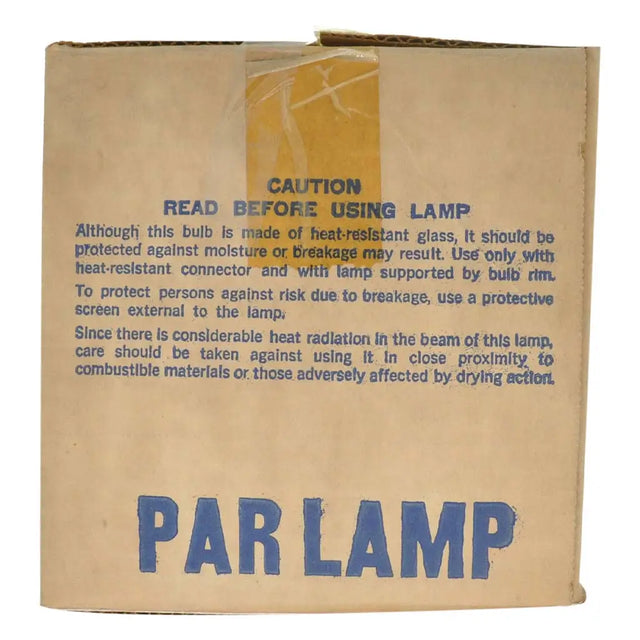 Cardboard box with 'PAR LAMP' text and safety instructions on a white background