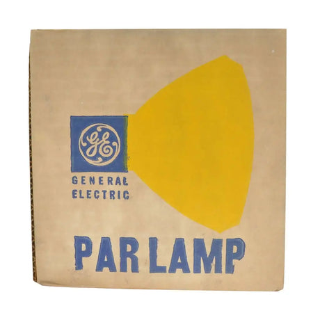Vintage General Electric par lamp packaging with yellow lamp illustration on brown cardboard.