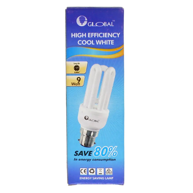 Energy-saving bulb packaging with 'Global' branding on a white background