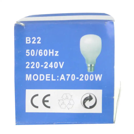 Blue box packaging of a light bulb with technical specifications on a white background