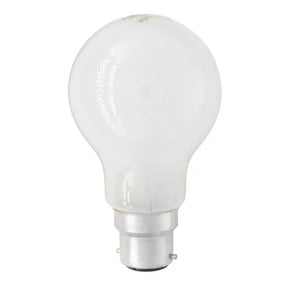 GLS B22 240V 40W frosted incandescent light bulb showing classic globe shape and B22 bayonet base on white background